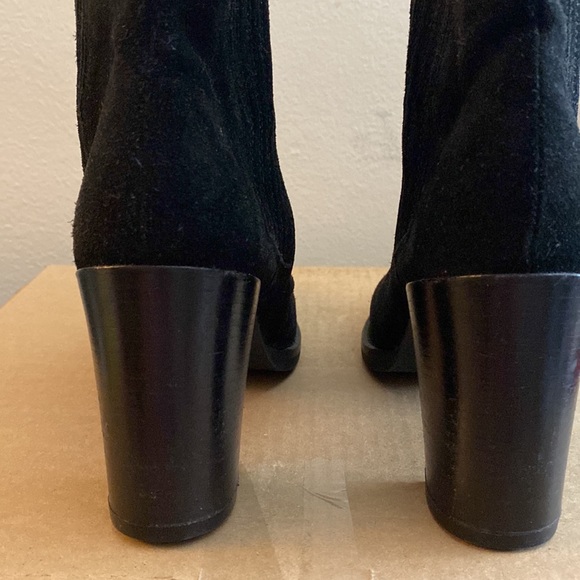 Black suede high heel ankle boots. Bought in Denmark Comfy Stacked 3 1/2” heel. - Picture 2 of 13